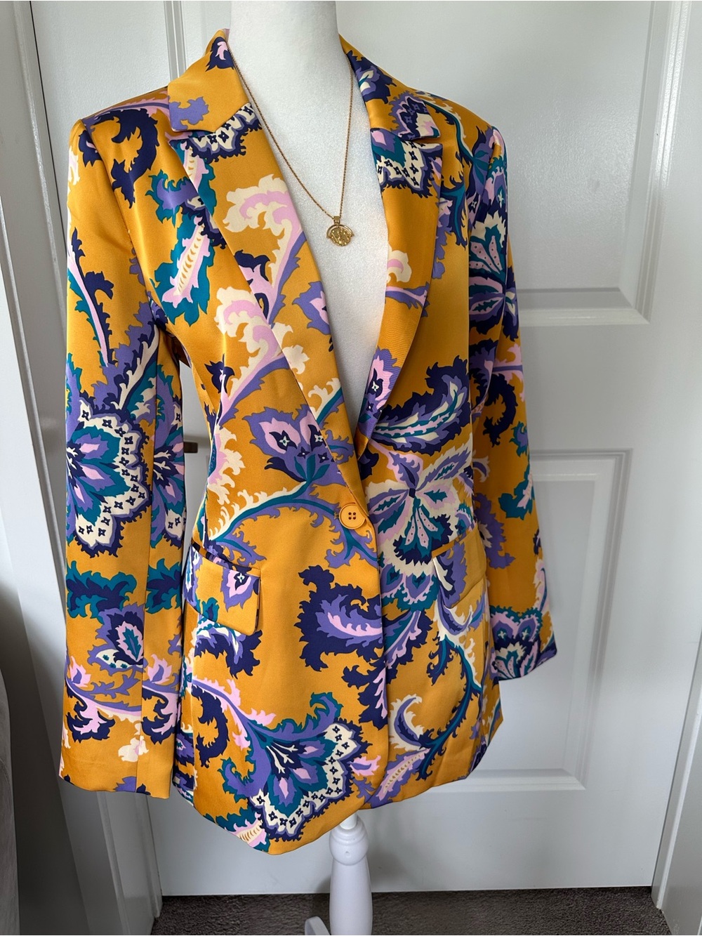 Mustard Floral Print Blazer - Women's Jacket M
